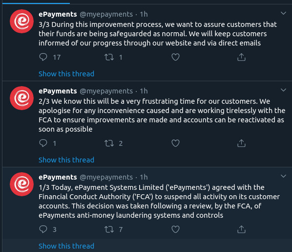 ePayments suspend all activity on its customer accounts due to FCA review