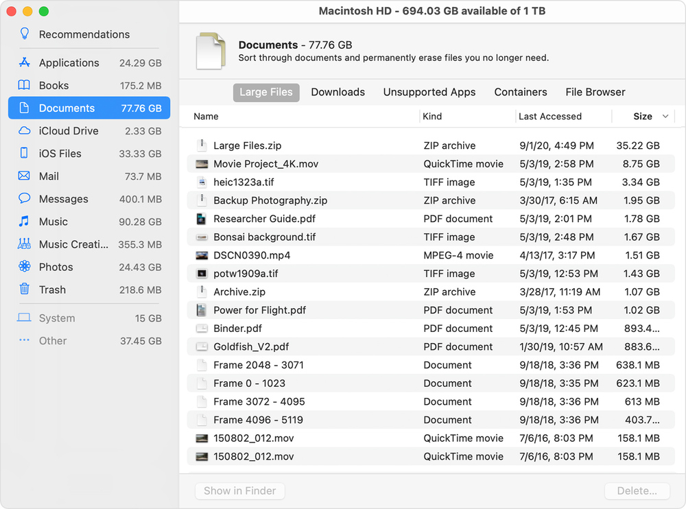 Documents and large files on mac
