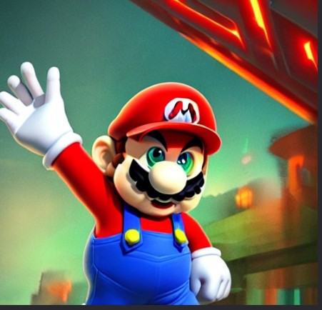 EVIL SUPER MARIO PERSONALITY WITH HIS ARM RAISED ABOVE HIS ICONIC HAT AND SUSPENDER OUTFIT