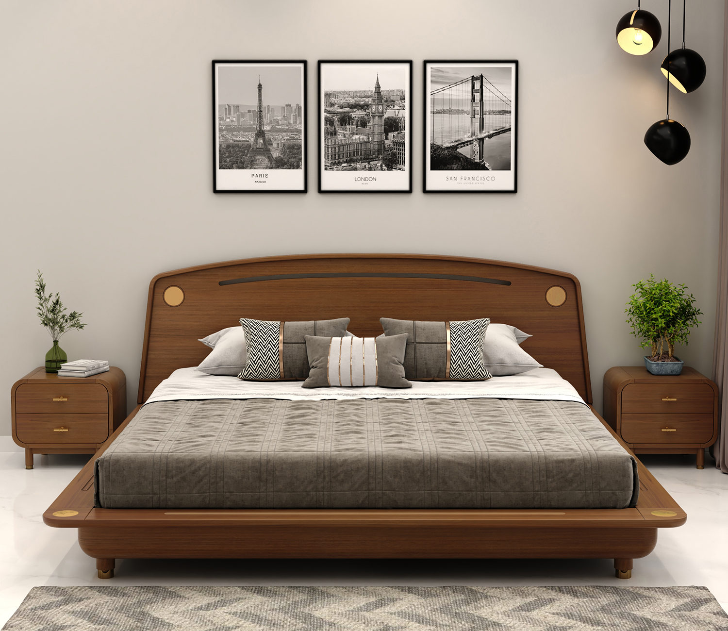 Olive Premium Solid Wood bed with Brass Inlay | WoodenStreet