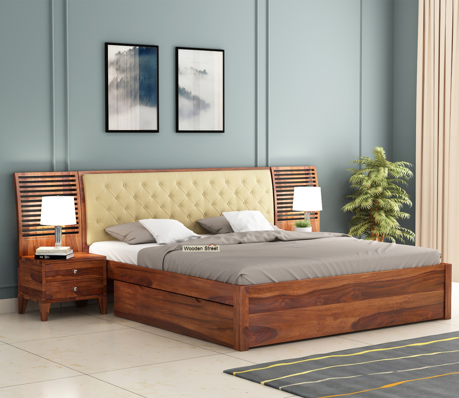 Persia Upholstered Bed With Side Storage And 2 Bedside Tables | WoodenStreet
