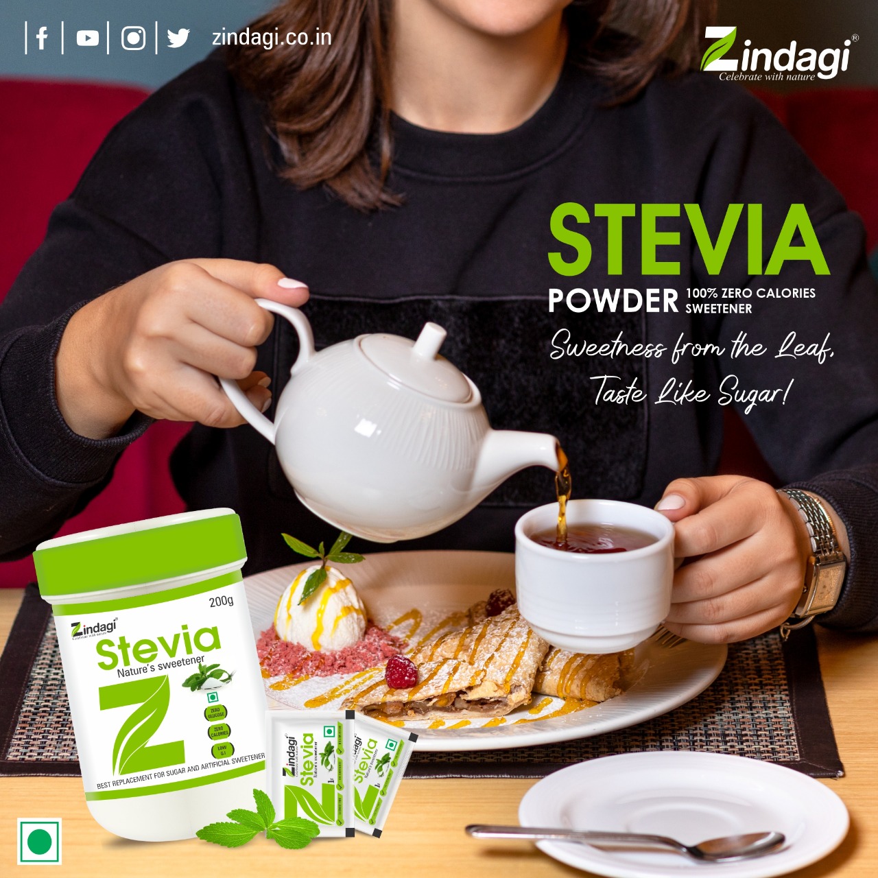 Image of stevia powder while using in a cup of tea 